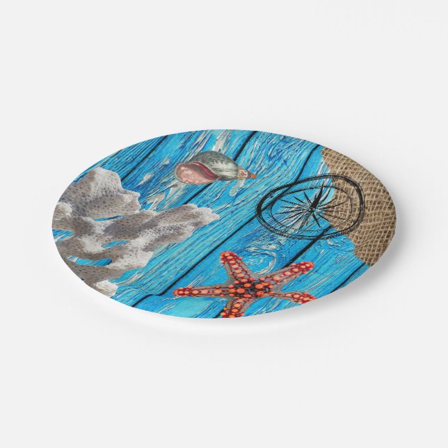 Rustic Nautical Blue Wood Burlap Starfish Paper Plate (Angled)