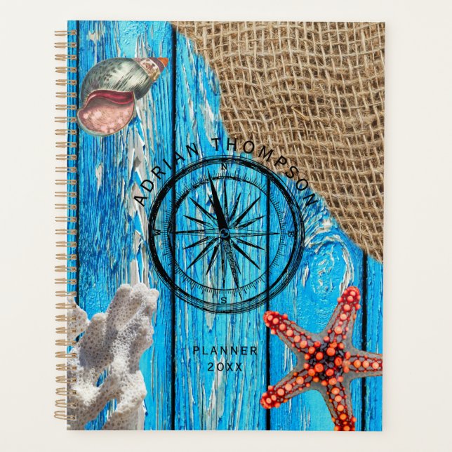 Rustic Nautical Blue Wood Burlap Starfish Planner (Front)