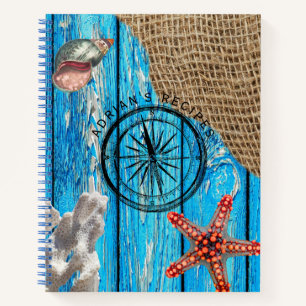 Rustic Nautical Blue Wood Burlap Starfish Recipe Notebook