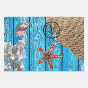 Rustic Nautical Blue Wood Burlap Starfish Wrapping Paper Sheet