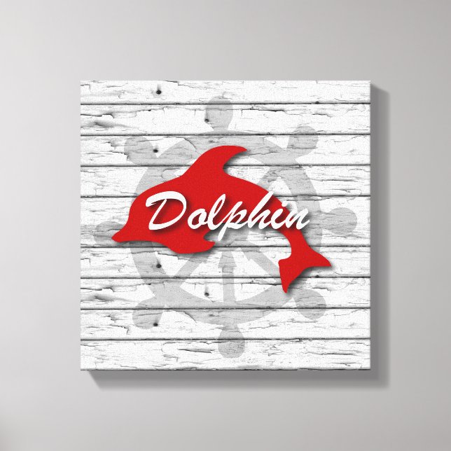 Rustic Nautical Dolphin On Weathered Grey Wood Canvas Print (Front)