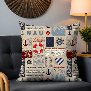 Rustic Nautical Grunge Anchor Wheel Heart Pattern Cushion