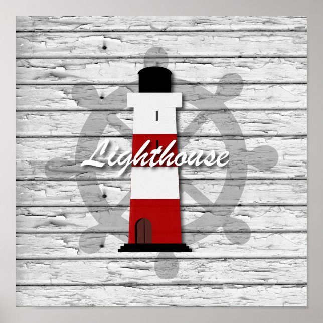 Rustic Nautical  Lighthouse On Grey Weathered Wood Poster (Front)