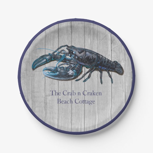 Rustic Nautical Navy lobster Coastal Grey wood Paper Plate (Front)