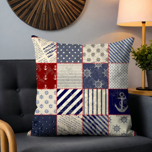 Rustic Nautical Patchwork Stripe Anchor Pattern Cushion
