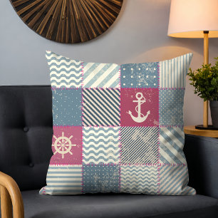 Rustic Nautical Patchwork Stripes Anchor Pattern Cushion
