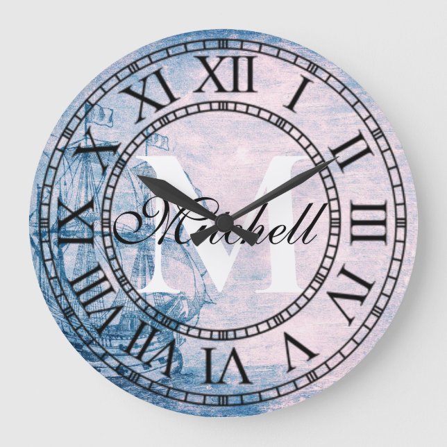 Rustic Nautical Vintage Ship Monogram Large Clock (Front)