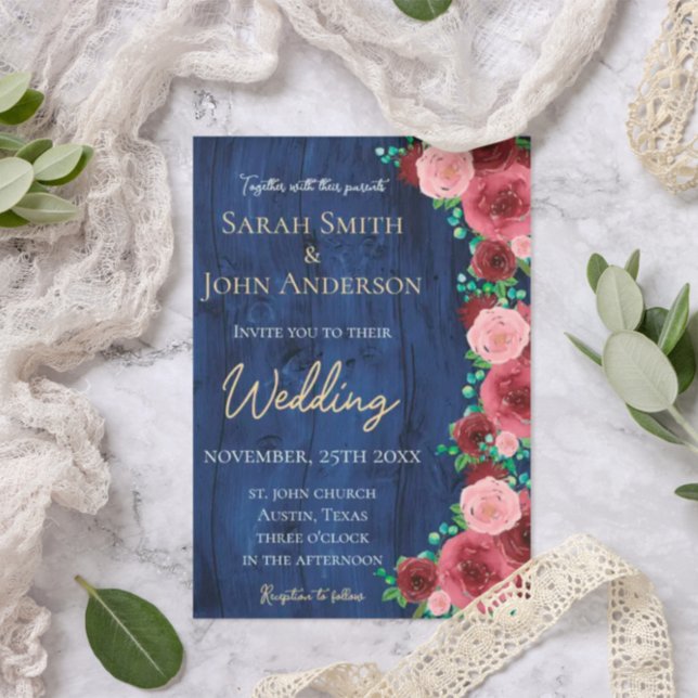 Rustic Navy and Burgundy Watercolor Fall Wedding Invitation (Creator Uploaded)