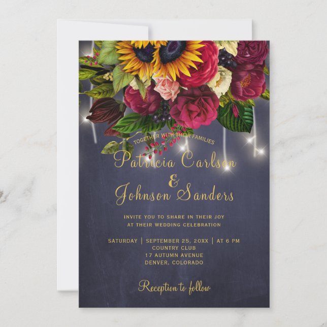 Rustic navy and burgundy winter floral wedding invitation (Front)