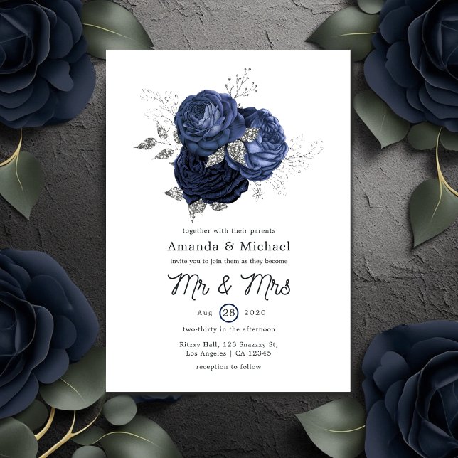 Rustic Navy and Faux Glitter Silver Floral Wedding Invitation (Creator Uploaded)
