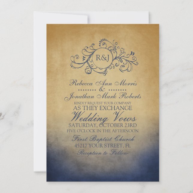 Rustic Navy and Gold Bohemian Wedding Invitation (Front)