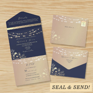 Rustic Navy and Gold String Lights Wedding All In One Invitation