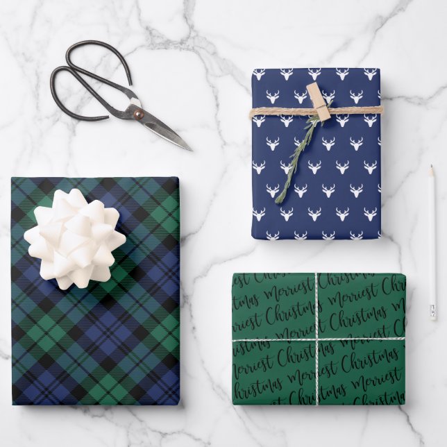 Rustic Navy and Green Watch Plaid Merry Christmas Wrapping Paper Sheet (Front)