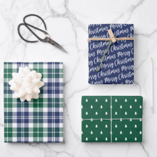 Rustic Navy and Green Watch Plaid Merry Christmas Wrapping Paper Sheet