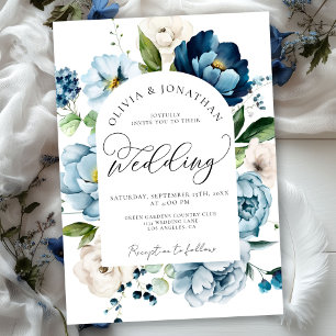 Rustic Navy Blue All in 1 Budget QR Code Wedding Invitation