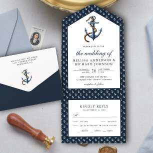 Rustic Navy Blue Anchor Nautical Wedding All In One Invitation
