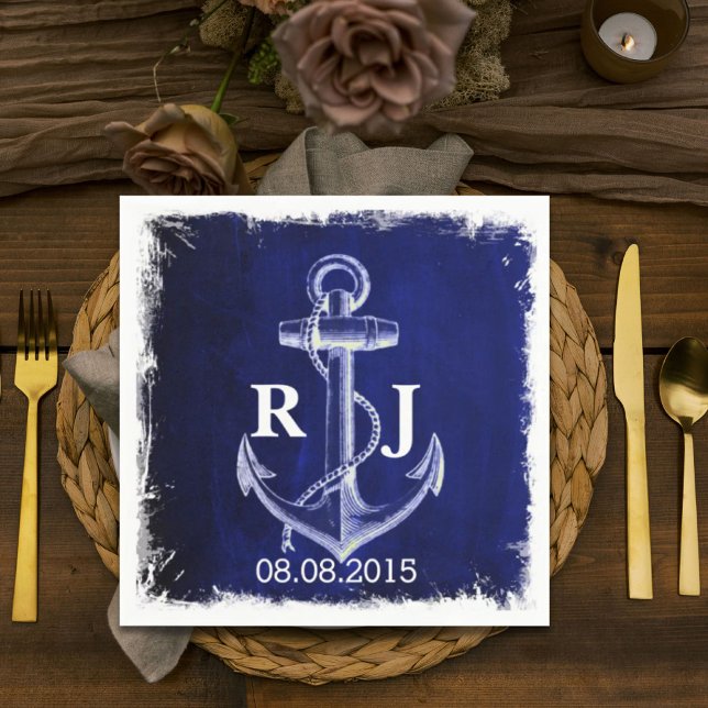 rustic Navy Blue anchor nautical wedding Napkin (rustic Navy Blue anchor nautical wedding Paper Napkins)