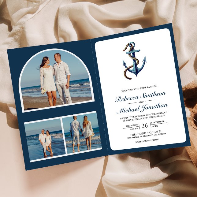 Rustic Navy Blue Anchor Rope Photo QR Code Wedding Invitation (Creator Uploaded)