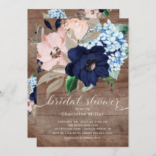 Rustic Navy Blue and Blush Flowers Bridal Shower Invitation