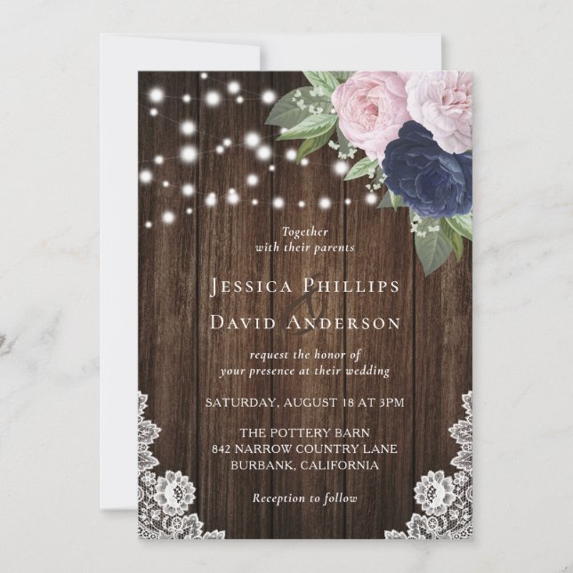 Rustic Navy Blue and Blush Wedding Invitations (Front)