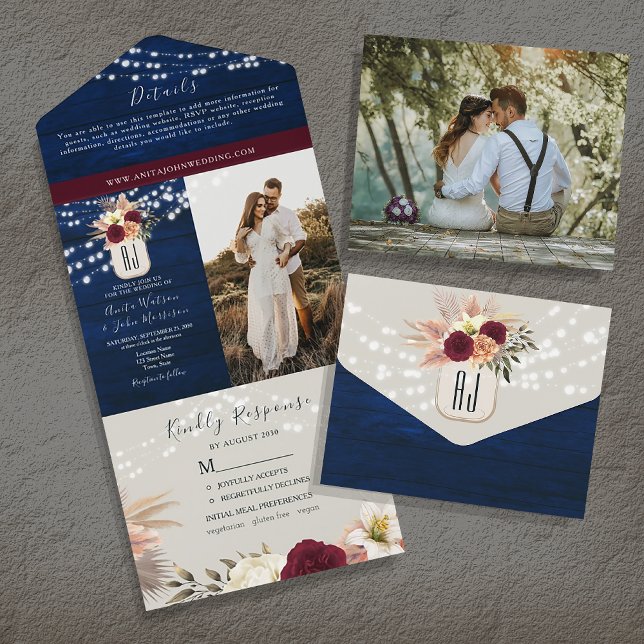 Rustic Navy Blue and Burgundy Floral Wedding All In One Invitation (Creator Uploaded)