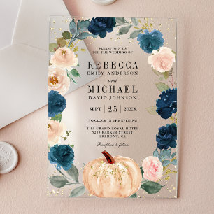 Rustic Navy Blue and Peach Floral Pumpkin Wedding Acrylic Invitations