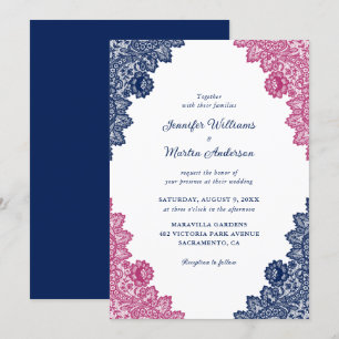 Rustic Navy Blue and Pink Floral Lace Wedding Invitation