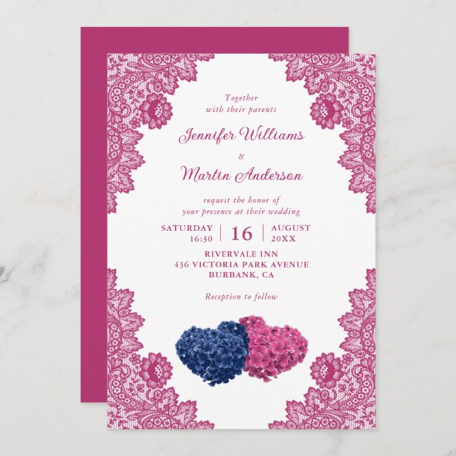 Rustic Navy Blue and Pink Lace Wedding Invitation (Front/Back)