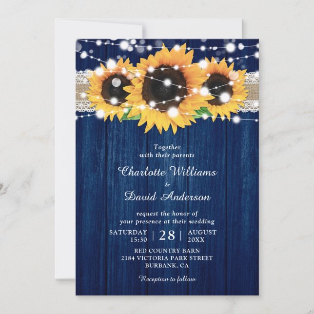 Rustic Navy Blue and Sunflower Wedding Invitations (Front)