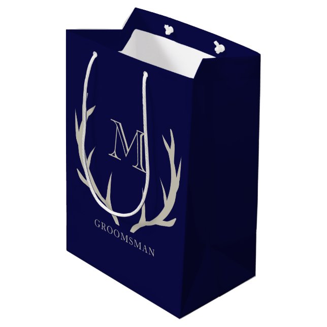Rustic Navy Blue Antler Custom Groomsmen Gift Medium Gift Bag (Back Angled)