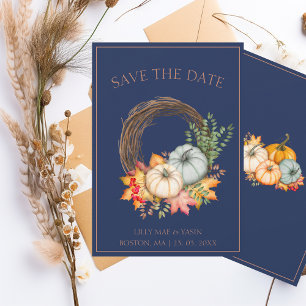 Rustic Navy Blue Autumn Fall Pumpkins Wedding Save The Date