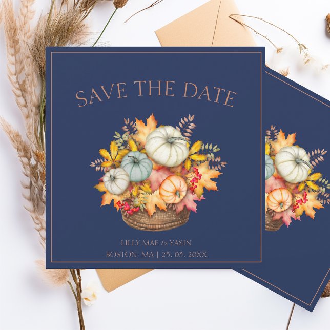 Rustic Navy Blue Autumn Fall Pumpkins Wedding Save The Date (Creator Uploaded)