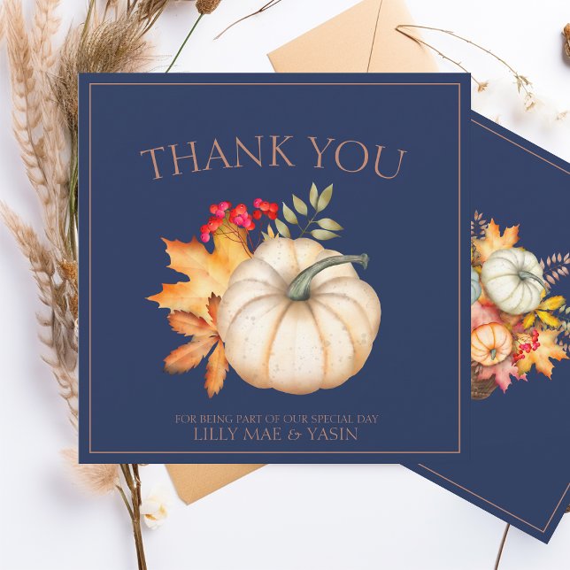 Rustic Navy Blue Autumn Fall Pumpkins Wedding Thank You Card (Creator Uploaded)