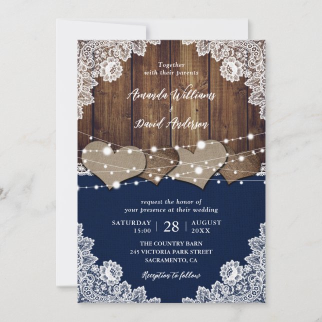 Rustic Navy Blue Barn Wood Burlap Lace Wedding Invitation (Front)