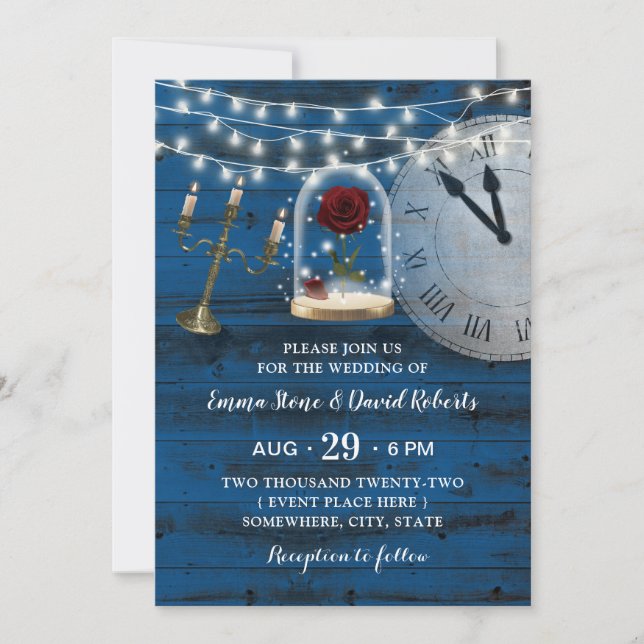 Rustic Navy Blue Barn Wood Fairytale Wedding Invitation (Front)