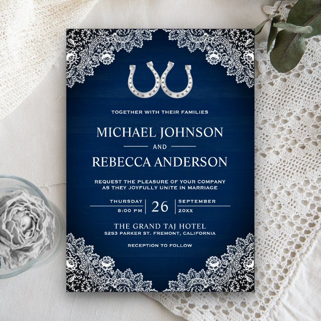 Rustic Navy Blue Barn Wood Horseshoe Lace Wedding Invitation (Creator Uploaded)