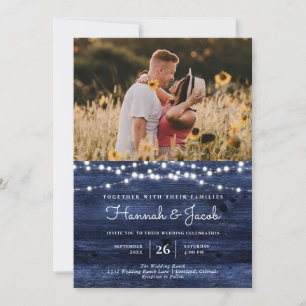 Rustic Navy Blue Barn Wood String Lights Photo Invitation