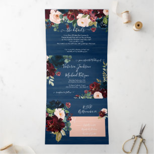 Rustic Navy Blue Blush & Burgundy Floral Wedding Tri-Fold Invitation