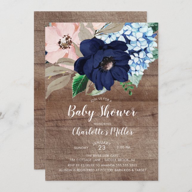 Rustic Navy Blue & Blush Floral Baby Shower Invitation (Front/Back)