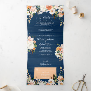 Rustic Navy Blue Blush & Peach Wedding Tri-Fold Invitation