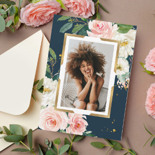 Rustic Navy Blue & Blush Pink Floral Gold Frame  Invitation