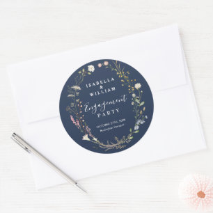 Rustic Navy Blue Boho Wildflower Engagement Party Classic Round Sticker