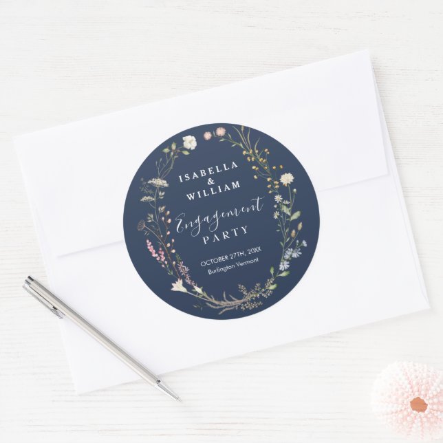 Rustic Navy Blue Boho Wildflower Engagement Party Classic Round Sticker (Envelope)