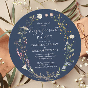 Rustic Navy Blue Boho Wildflower Engagement Party Invitation