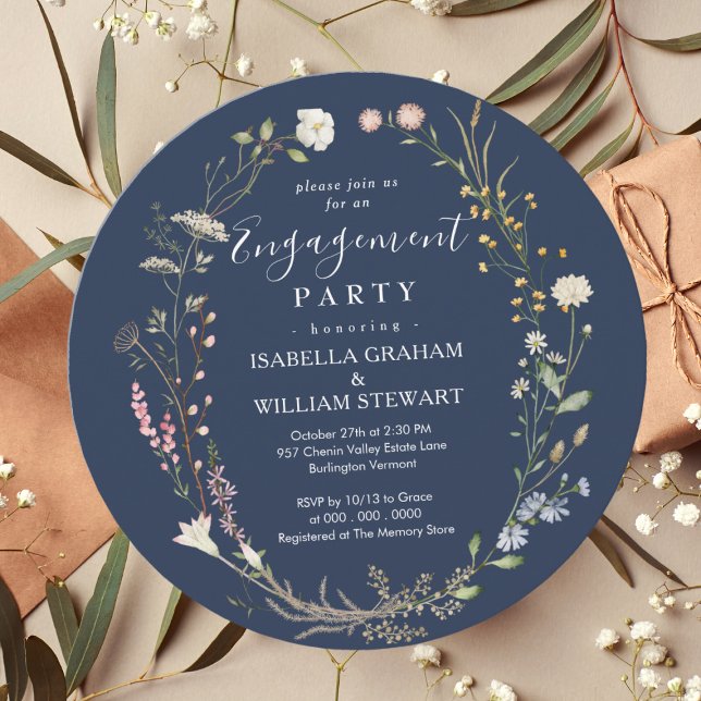Rustic Navy Blue Boho Wildflower Engagement Party Invitation (Creator Uploaded)