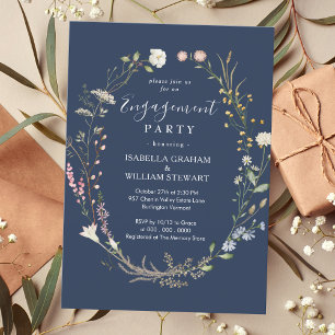 Rustic Navy Blue Boho Wildflower Engagement Party Invitation