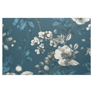 Rustic Navy Blue Botanical Elegant Vintage Floral Fabric