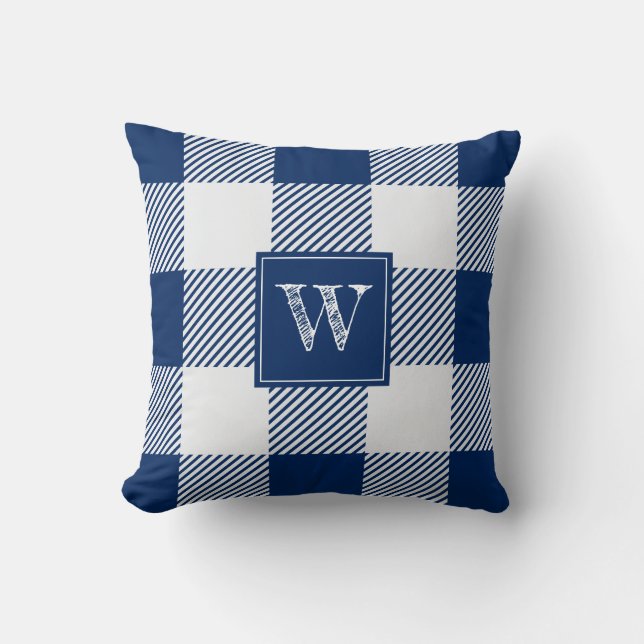 Rustic Navy Blue Buffalo Plaid Check Monogram Cushion (Front)