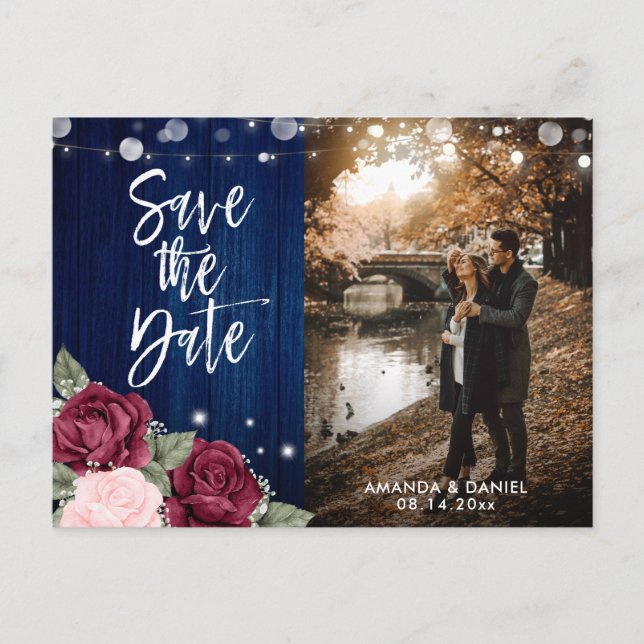 Rustic Navy Blue Burgundy Blush Floral Photo Announcement Postcard (Front)