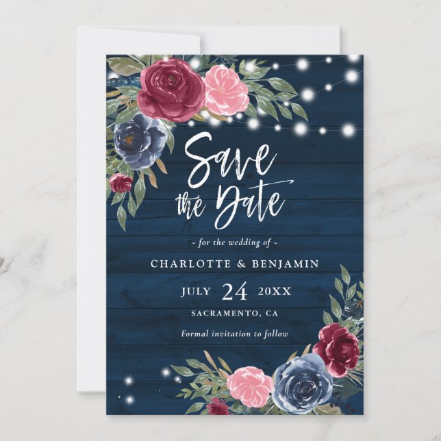 Rustic Navy Blue Burgundy Blush Floral Wedding Save The Date (Front)